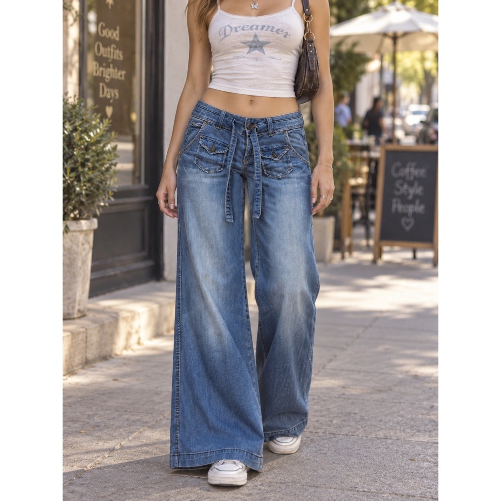 dELiA*s Y2K Wide Leg Cargo Low Rise Jeans Womens 5/6 Blue Denim